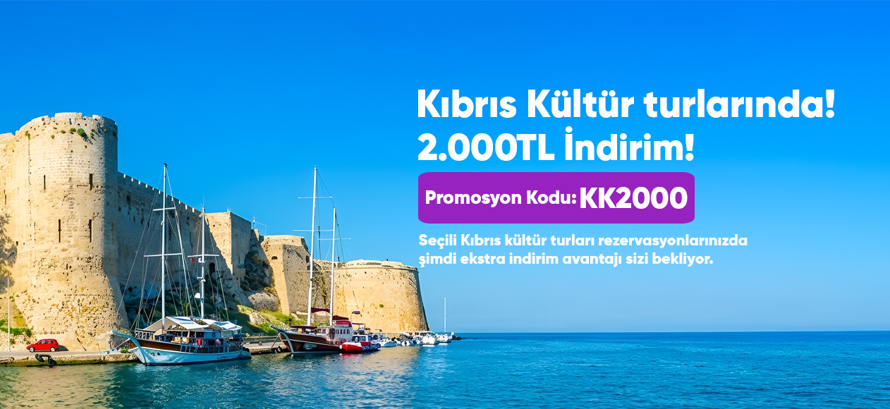 Tatilkaresi Kıbrıs kültür turları kampanyası bannerı – Girne Kalesi ve liman manzarası ile 2000 TL indirim fırsatı