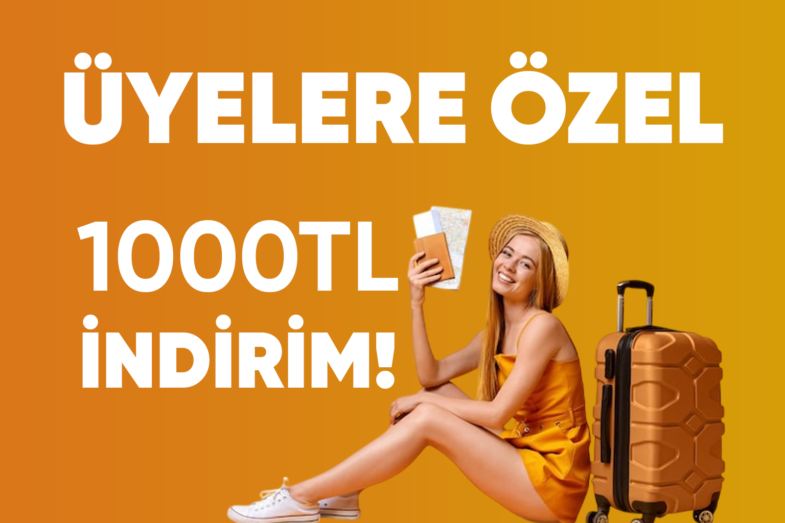 Tatilkaresi üyelerine özel tur indirimi – valizli kadın görseli ile 1000 TL indirim bannerı